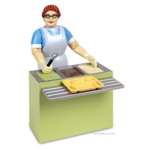 Comes with lunch counter, scoop, food tray and 9 lunch stickers that includes fish sticks and jello. Yet, keep in mind that she possesses a secret superpower called, "mystery meat."