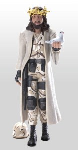 Comes with his own battle gear, soldier helmet, machine gun, dove, and golden crown of thorns. Okay, you know Jesus came to this world to advocate peace, right? So why is he full decked in camo and battle gear? I mean you don't wear all that for dove hunting.