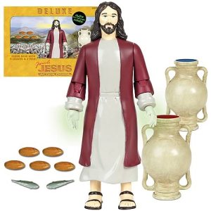 Comes with 2 loves of fishes, 5 loaves of bread, and a water jug that changes water into wine (not really). Cross and 12 apostles not included. Nevertheless, this is actually one of the better Jesus action figures I've seen so far. 