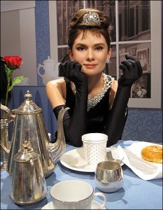 By the look at those sullen big brown eyes, you'd think Holly Golightly might have murder on the mind for George Peppard. Seriously, this wax figure seems to make Audrey Hepburn seem miscast for Breakfast at Tiffany's on account of being too sinister.