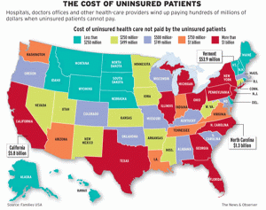 Here's an infographic from Atlanta Health showing the costs of the uninsured to hospitals, doctors, and other providers in 2012 according to state. 