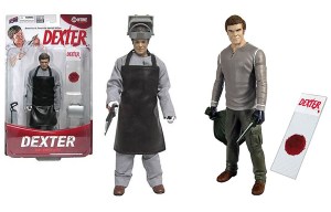 The left one is Dexter Kill Suit which comes with apron, scrubs, hand saw, and welder's mask. The right Bif Bang Pow! Dexter comes with a blood slide, knife, and trash bag. Plastic wrap, victim, and other kill room accessories not included.