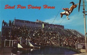 Oh, my God, I think I just made PETA want to burn my house down for posting this. Perhaps the Humane Society may want to join in. Still, what sadist could think of horses jumping off the high dive? This is just fucking insane! Also, illegal in most states. By the way, this postcard is from Atlantic City, New Jersey where Boardwalk Empire takes place. Man, seems like Nucky's booze is really getting to them.