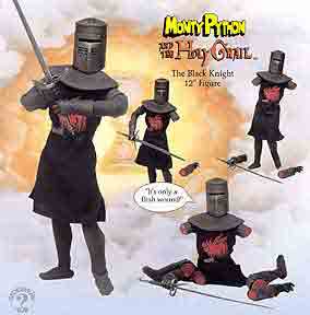 Comes with his own sword and removable limbs. Still, even as he's dismembered will still think losing a limb is just a scratch or flesh wound and will still keep fighting. None shall pass, indeed. Of course, at the end tends to say, "Oh, oh, I see! Running away, eh? You yellow bastards! Come back here and take what's coming to you! I'll bite your legs off!"