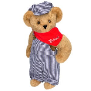 Now I know railroad engineers don't dress like that these days. Still, he wears his little red handkerchief quite well with his little overalls and cap.