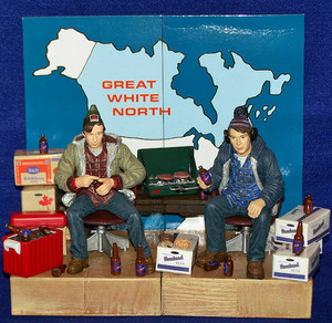 Both Bob and Doug come with their own chairs as well as cases and bottles of beer. Bob comes with cooler and donuts while Doug comes with camp stove and burgers. Great White North set sold separately.