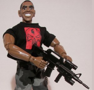 Armed with his very own machine gun and dressed up like The Punisher with an intimidating, Seal Team 6 Obama will stop at nothing to rid the world of Osama Bin Laden even if it means mowing down uncooperative Congressional Republicans. Still, I put Obama on here just to balance Palin and Coulter out.