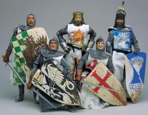 Now this consists of Arthur, King of the Britons, Sir Bedevere the Wise and Flatulent, Sir Lancelot the Homicidally Brave, Sir Galahad the Not-So-Pure, and Sir Robin the Not-So-Brave as Sir Lancelot. Each come with their own weapons. Coconut banging squires sold separately. Horses. scales, duck, and minstrels not included.