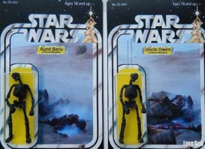 Basically, I hear that most toy critics declared these the Star Wars action figures most likely to traumatize children. Seriously, Luke's aunt and uncle are literally burnt to a crisp here. And once outside the packaging, you can't really tell the two apart.