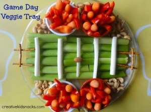 Okay, I bet this is the low budget version of the Super Bowl veggie platter. And they have an almond to act as a football. For those who have limited cooking skills, you might want to try this.