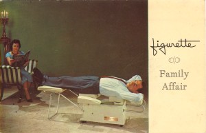 From the back: “Figurette—the home slenderizing unit that has become noted as a “lasting beauty” aid for women…but is every bit as much renowned for the tension-relieving relaxation it helps induce in he-men. Another leading product of A.R.A. Manufacturing Co., Grand Prairie, Texas.” "It is very important that the he-man not become too relaxed. Therefore, he should use the Figurette with work clothes on, including shoes and tie."