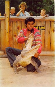 Man, for an activity that should have big, "Do Not Try This at Home" disclaimer, seems that some people find alligator wrestling quite boring, indeed. People like me just find it nuts. Then again, while the boys are bored to tears, seems like Mom is just thinks the handler has a nice tight ass.