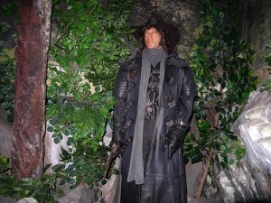 Now you'd think any wax museum could have an impression of Hugh Jackman would be wise to depict him as Wolverine from X-Men. However, this one seems like it depicts an evil Dr. Who in BDSM attire.