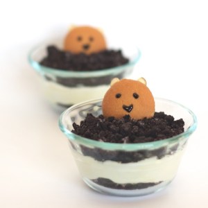 Of course, I'm not sure if chocolate ice cream would make this taste better. However, I do like how they used vanilla wafers as groundhogs and almond ears.