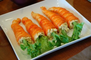 And it seems that these carrots are stuffed with egg salad and lettuce as far as I can see. By the way, the carrots seemed to be made from biscuit rolls, possibly from Pillsbury.