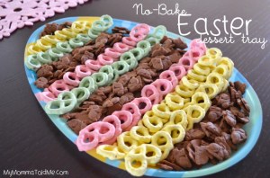 Now these consist of chocolate rabbit cookies as well as light green, pink, and yellow chocolate covered pretzels on an Easter egg dish.