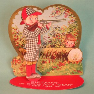 Apparently, this card's designer hasn't read "The Most Dangerous Game." It's about a guy being stranded on an island inhabited by a wealthy Russian madman who likes to hunt humans for fun and exactly what this valentine reminds me of.