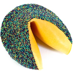Now this fortune cookie is covered in yellow, purple, and green sprinkles. Don't say I didn't warn you in case you open it. Then again, it's probably made from cake.