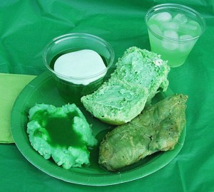 Now I know this is just a normal dinner with chicken, mashed potatoes and gravy, and a bun. Yet, add green food color and it seems quite sickening.