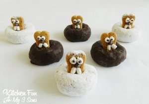 Now white donuts symbolize 6 more weeks of winter while chocolate ones stand in for early spring. Either way, the groundhogs are very adorable with the buck marshmallow teeth and chocolate chip eyes and noses.