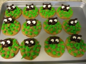If these were Halloween cookies, they'd work well as tombstones. Yet, I guess chocolate covered cookies were used for groundhogs.