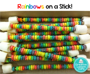 All you need are Fruit Loops, marshmallows, and skewers. Yet, I'm not sure how you get the arch most rainbows have.