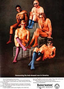Yes, all that these guys have on are their hideous socks and their sunglasses. Still, I don't know if a group of naked men would look this comfortable around each other during a photo shoot. And you can almost see some of their butts.