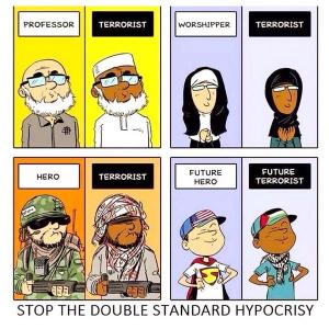 This is a handy cartoon of how Islamophobia affects people's perception of Muslims. Here we have a Muslim in the same pose as a white person in similar garb. But they are seen as totally different things.