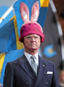 Even funnier is that this guy is the King of Sweden. Yes, may I proclaim that the King of Sweden is wearing a pink bunny hat for Easter.