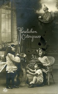 Hmm...German soldier dad with Kaiser helmet watching over Easter Bunny with his children. Creepy.