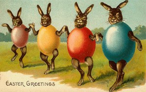 Who knew that old fashioned card artists could make bunnies and eggs so terrifying. Could possibly serve as an inspiration for a Donnie Darko poster.