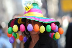 Now I wonder how she could wear this hat and see. I mean those plastic eggs seem to obscure her eyes.