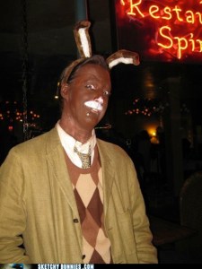 Okay, not only is this chocolate bunny seems like a substitute teacher from your nightmares, it's actually quite offensive if you see that it's a white guy without makeup, especially without the bunny ears.