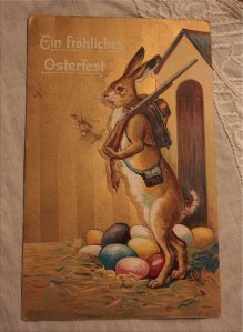 Would great movie poster. I can see it now. Easter Bunny's Revenge: It's rabbit season, folks, but this time it's man whose the hunted.