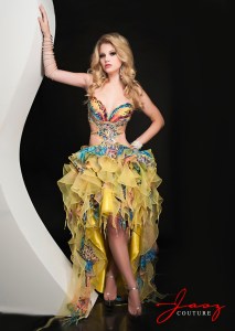 Two pieces? Check. Colorful animal prints? Check. Midriff jewelry? Check? Yellow ruffles? Check. May I introduce to you the quintessential trashy dress for your tacky and skanky heart's content.