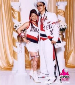 I suppose this coordination was the guy's idea. Like camo, sports trademark formal wear simply doesn't belong. Seriously, it looks really out of place.