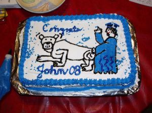 Seems like the graduate is doing a really terrible thing to the school mascot. Now if I had cake like this at my grad party, let's say it wouldn't go well with my relatives with young children.