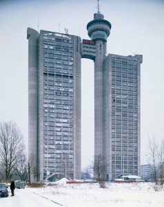 This is the Genex Tower in Belgrade, Serbia which is one of the largest towers in Eastern Europe. It has two towers connected by a revolving restaurant on the top. One tower is occupied by the Genex group, the other a residential area.