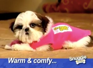 Now a snuggie for people is one thing. But this is just insane. Seriously, if you're worried about your dog being cold and wet, just remember they're already equipped with an insulating material keeping them warm and dry. It's called fur.