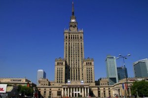 This is the Palace of Culture in Warsaw, Poland. But, yes, you can totally imagine some powerful Steampunk or Sci-fi villain living there, especially one with lightning hands and giant lasers.