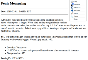 Now a job posting for penis sizing. That's a new one. Still, while it may lead a girl to look at other guys' dicks, at least it won't get them charged with a crime.