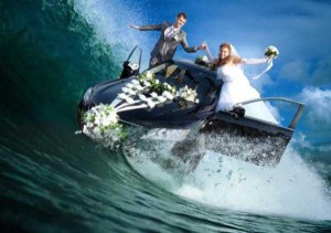 For one, I'm sure the car is not amphibious. Second, I'm sure a tidal wave will ruin it along with the flowers and the couple's clothes. Third, I'm very sure this is photoshop. Nevertheless, don't me why these two thought a photo like this was a good idea.