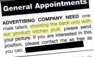 I know this ad is seeking male talent for an ad photo shoot. Of course, when you have the words, 