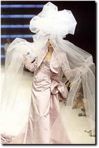 With a veil like this, it would be amazing if this woman didn't trip on it as she walks down the aisle. Anyway, still looks pretty ridiculous and more suited for mosquito bed netting.