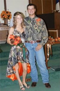 Let me say this and I want to be perfectly frank. Camo and bright orange are for hunting season and nothing else. It's not for formal events. Not weddings, not proms, and certainly not funerals. Do I make myself clear?