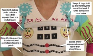 Yes, now parents can wear this shirt to stimulate their baby's senses at the cost of the retail price and their dignity. Seriously,   I'm sure plenty of parents just bought educational toys instead.