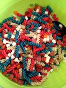 Now this patriotic pasta salad is called this because it's one with the red, white, and blue noodles. Oh, and it has pepperoni in it, too.