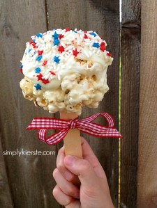Now I've never seen popcorn on a stick before. I've seen popcorn balls on Halloween and Christmas. But not that. Still, it's patriotic because of the sprinkles and icing.