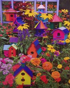 Now these birdhouses seem to almost blend in with the flowers. But funky colors will certainly draw a bird's attention, if anything. But I do think they're all lovely in their own way.