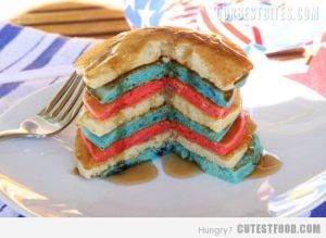 Yes, these flapjacks come in red, white and blue. Perhaps to make it more patriotic, they should've had some blueberry and cherry syrup as well as   whipped cream. 